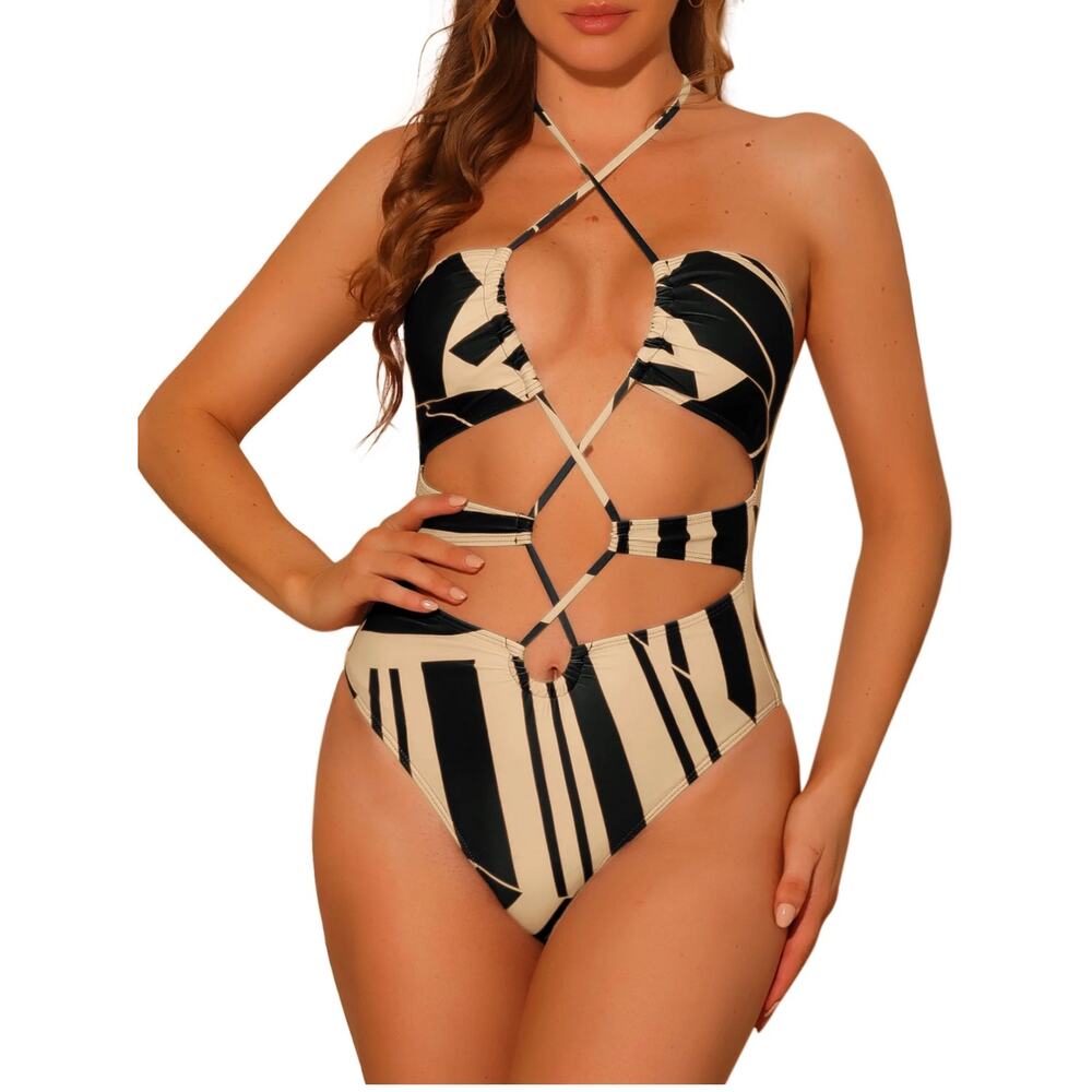 INSPIRE CHIC Halter Criss Cross 1 Piece String Cut Out Swimsuit $55 New Large